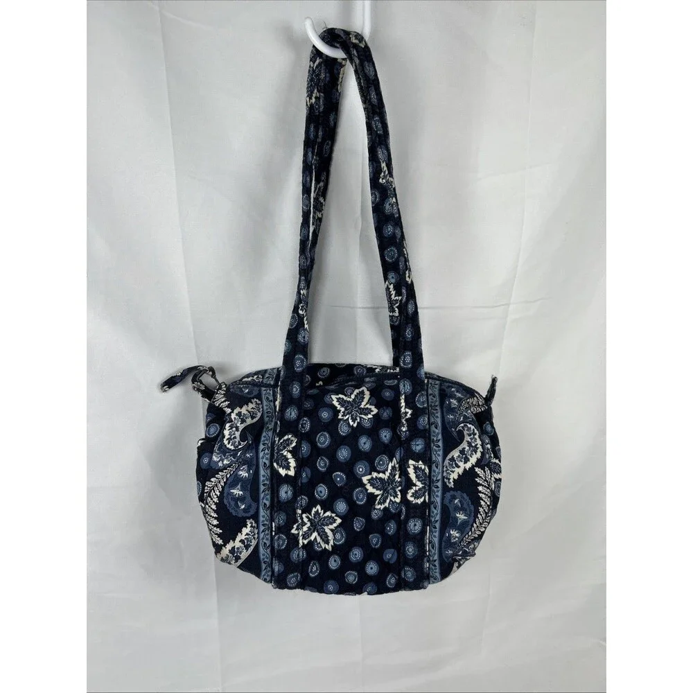 Vtg Vera Bradley Small Blue Duffel Bag Quilted Made in USA Leaf Paisley White